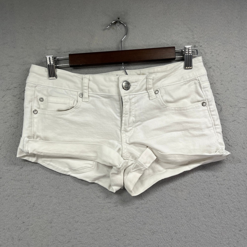 American Eagle Denim Shorts Womens 6 White Midi Stretch Cuffed Summer Casual